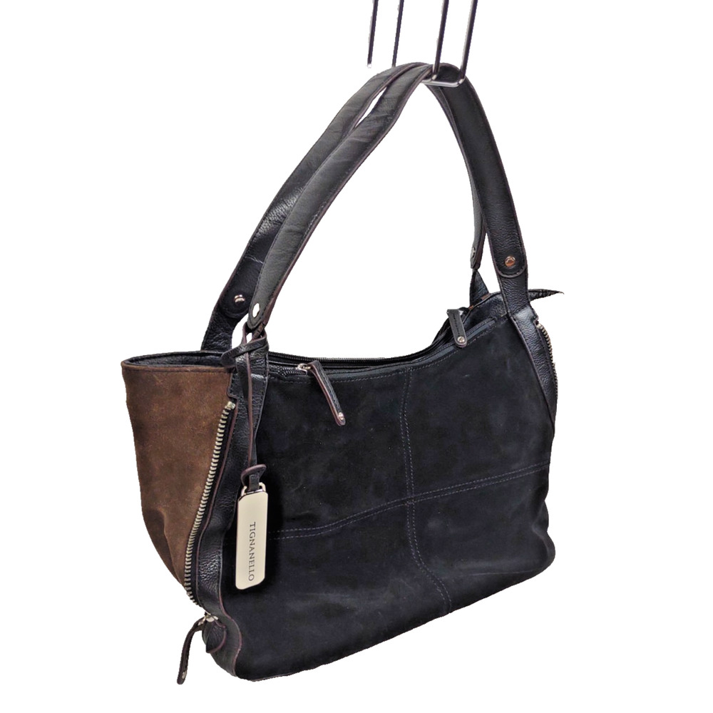 TIGNANELLO Black & Brown Suede/Leather Expandable Hobo Shoulder Bag Handbag - Picture 5 of 13